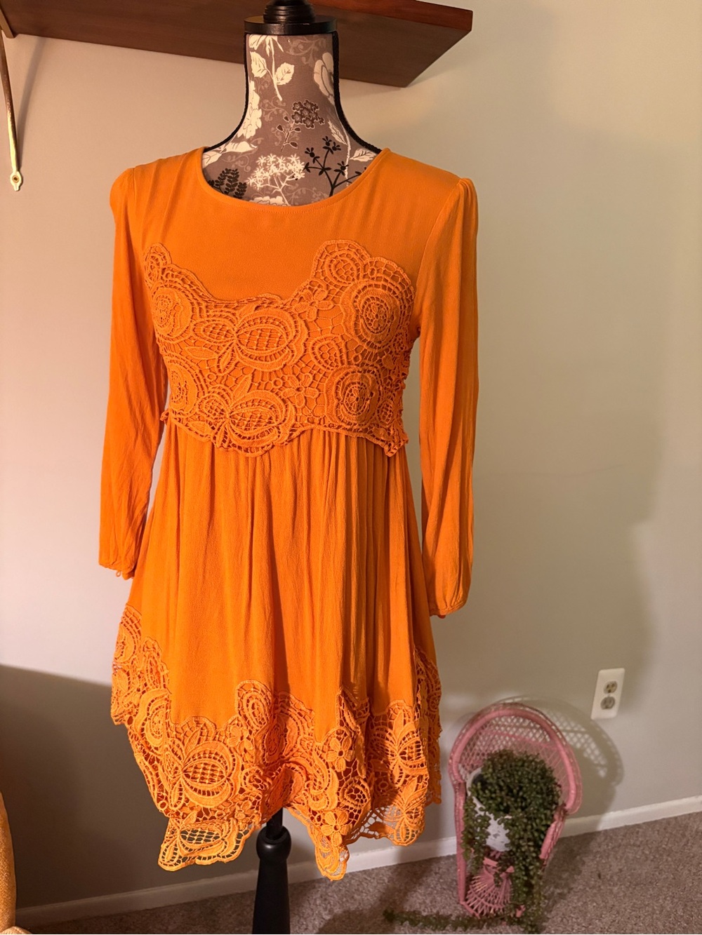 Maeve Orange Crochet-Detail Long-Sleeve Dress